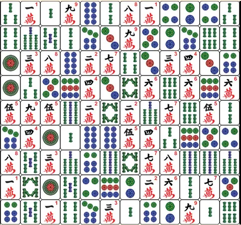 Mahjong-Steine in den drei Hauptfarben: Schriftzeichen, Bambus und Kreise, die Wohlstand, Stärke und den Zyklus des Lebens symbolisieren
