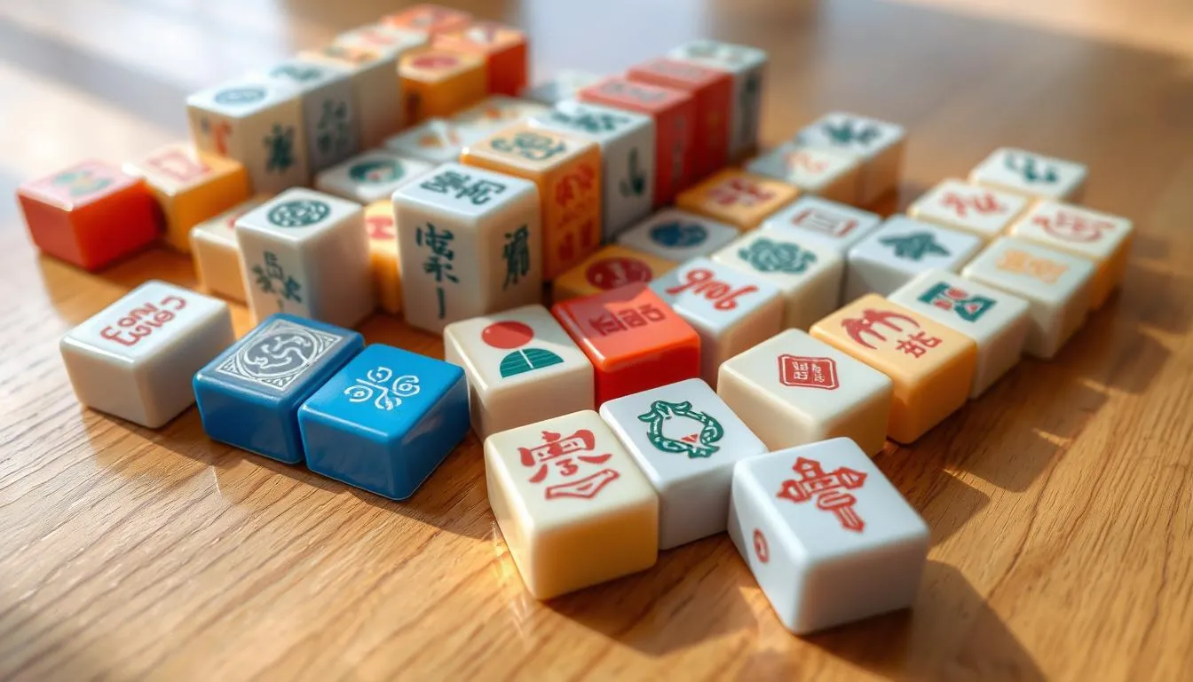 Traditionelles Mahjong-Design mit chinesischen Schriftzeichen, das die Verbindung zur Folklore und die Wertschätzung der Natur symbolisiert.
