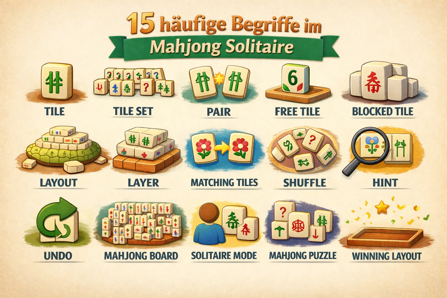  15 häufige Begriffe im Mahjong Solitaire.