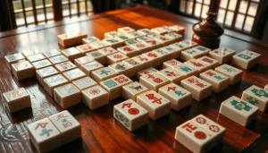 Ein traditionelles Mahjong-Spielbrett mit Spielsteinen, die chinesische Schriftzeichen und Symbole tragen.
